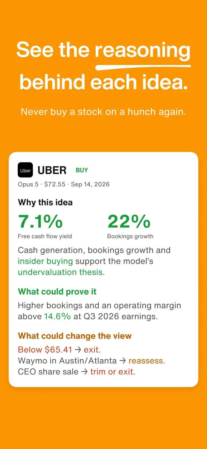 App Store preview of a Bloom stock idea with its reasoning, supporting evidence, and reasons to reconsider.