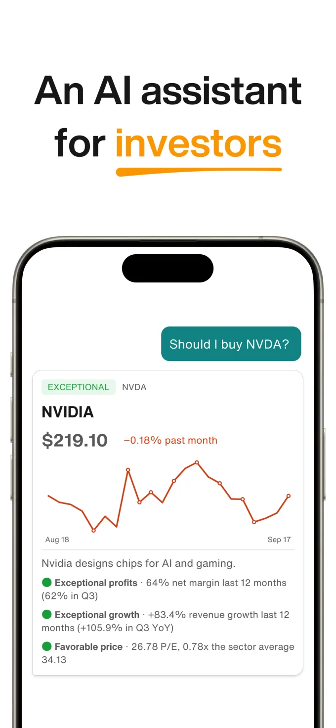 App Store preview of a Bloom chat about a stock, with a price chart and business and valuation factors.