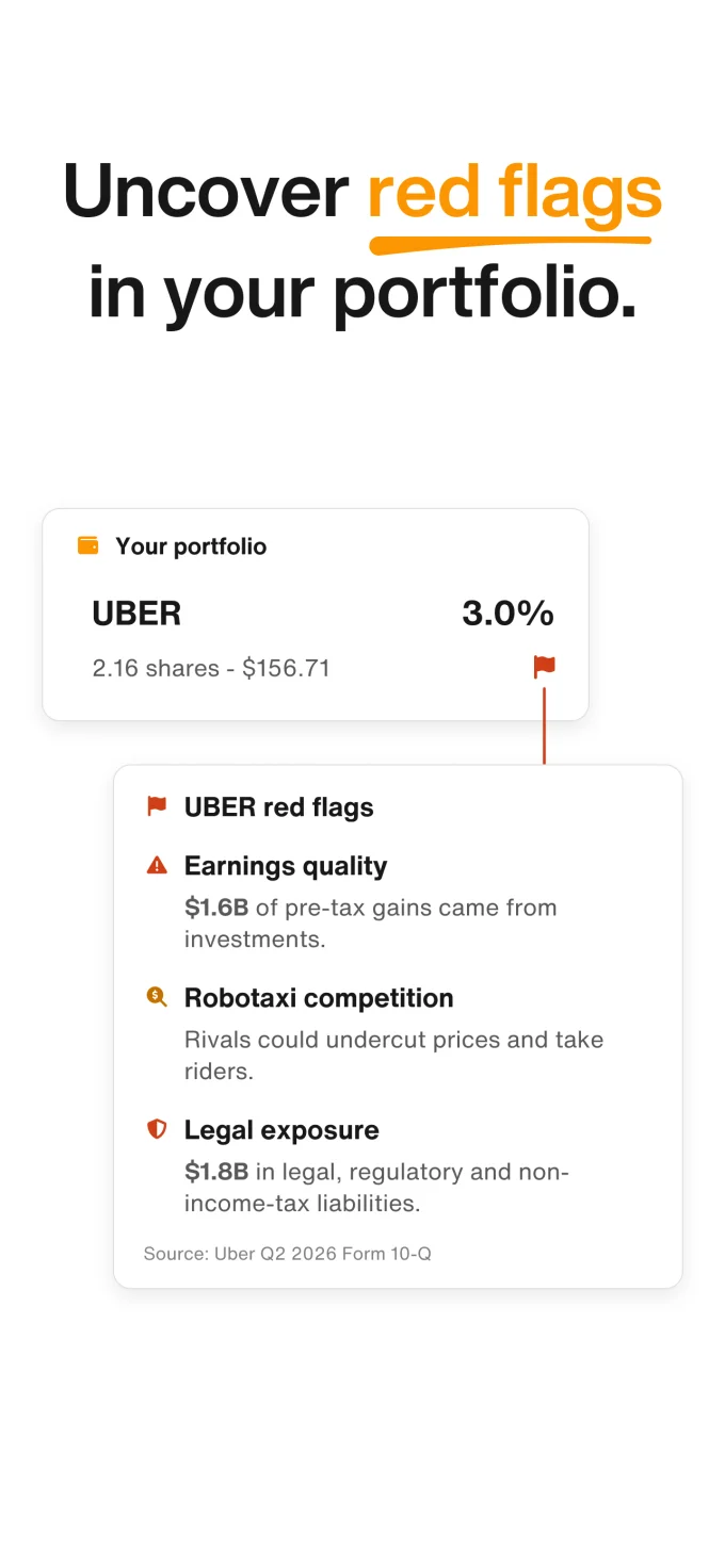 App Store preview of a Bloom portfolio holding with example earnings, competition, and legal red flags.